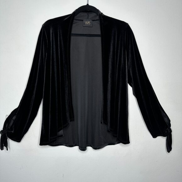 Jet Black Velvet Velour Waterfall Open Front Cardigan Long Sleeve with Ties M - Picture 3 of 10
